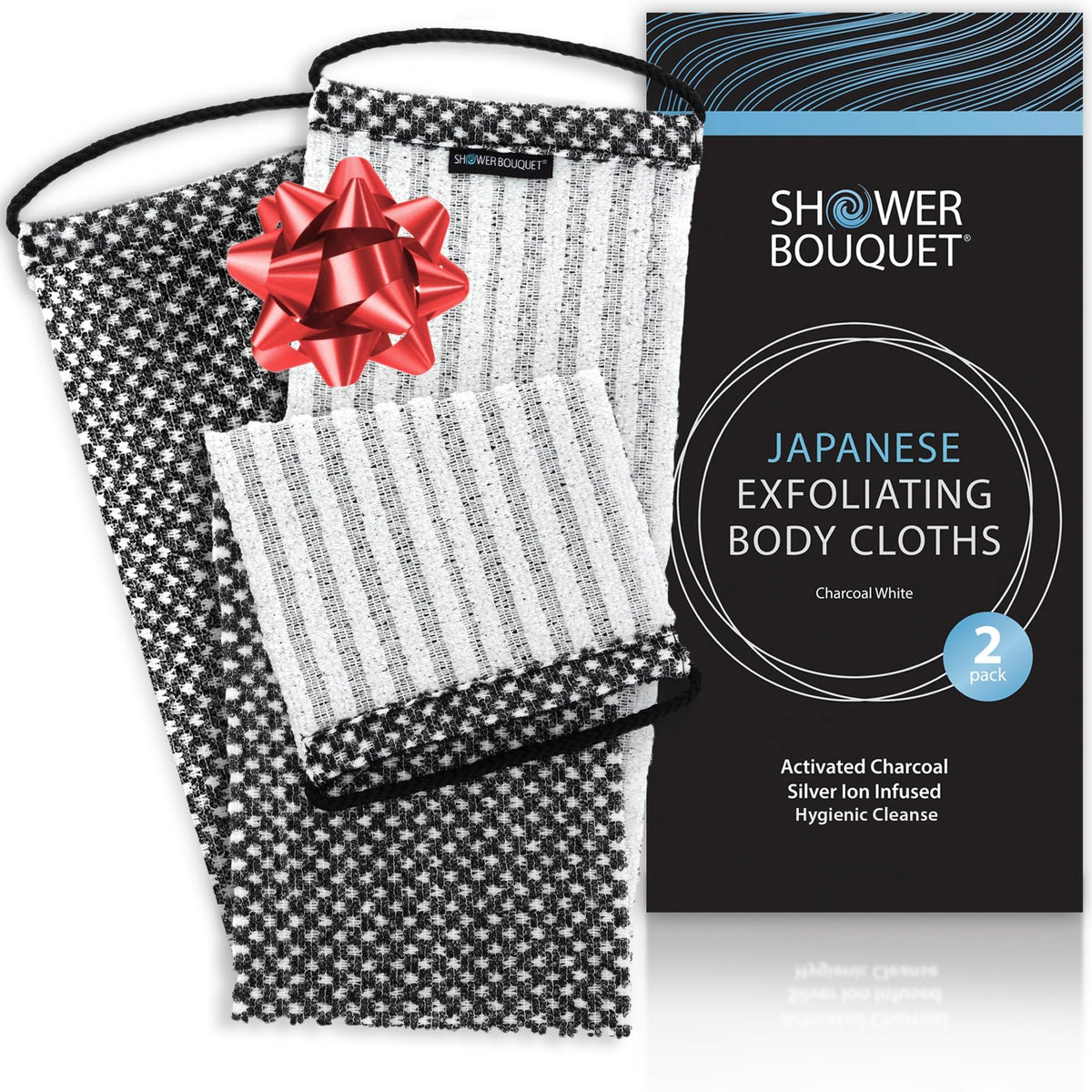 Shower Bouquet Japanese exfoliating washcloth back two-sided charcoal and silver ion for deep cleansing.