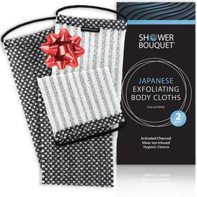 Shower Bouquet Japanese exfoliating washcloth back two-sided charcoal and silver ion for deep cleansing.