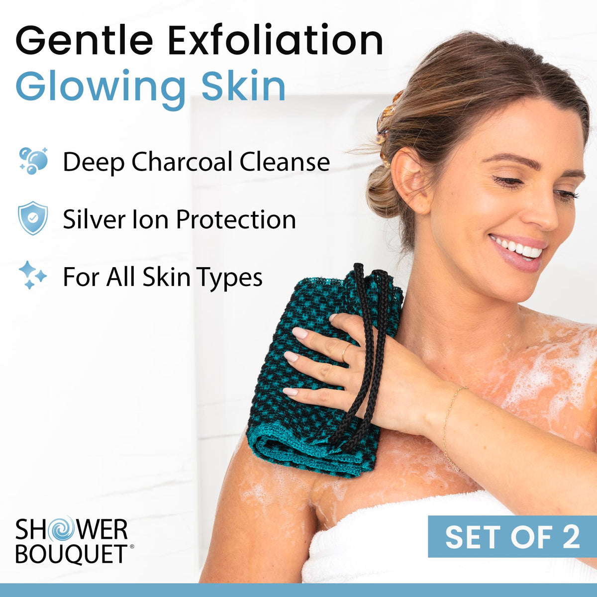 Shower Bouquet silver-ion exfoliating washcloth in green enhances hygiene
