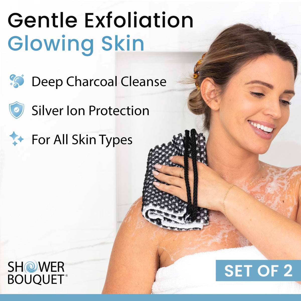 Shower Bouquet washcloth with rope handle enables easy reach and thorough exfoliation.