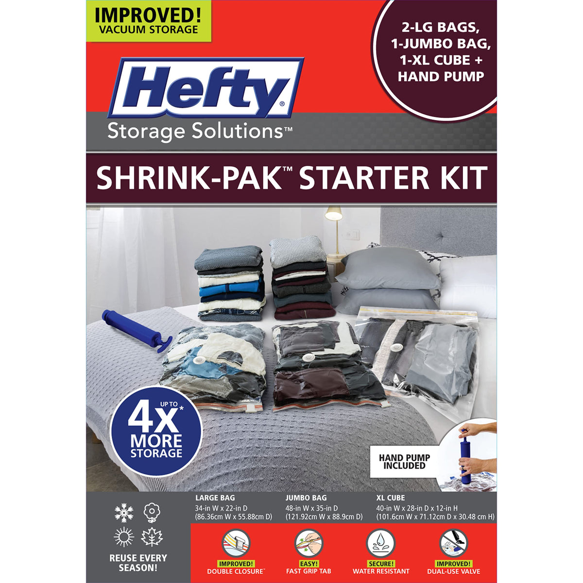 Shrink-Pak starter kit with two large bags for closet space-saving storage.