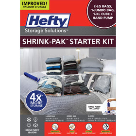 Shrink-Pak starter kit with two large bags for closet space-saving storage.