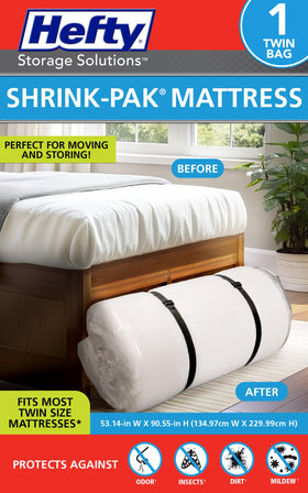 Shrink-Pak Hefty twin mattress bag for moving, protects mattress during transport.