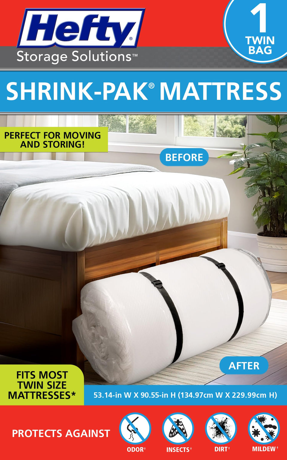 Shrink-Pak Hefty twin mattress bag for moving, protects mattress during transport.