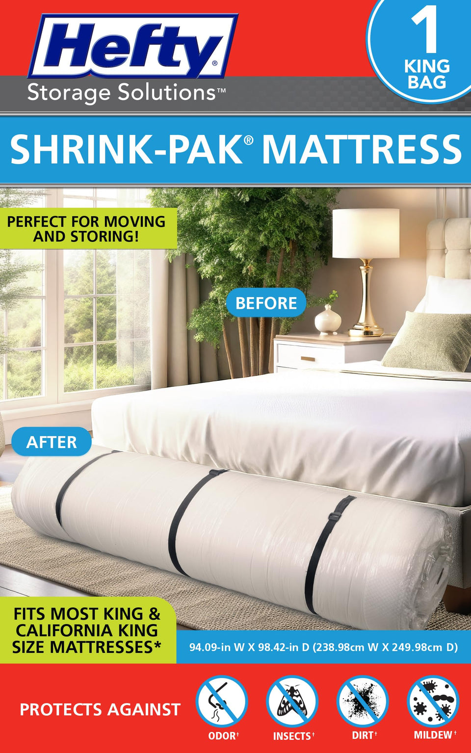 Shrink-Pak king-size mattress bag in use for moving, convenient handling and protection.