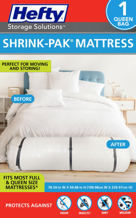 Shrink-Pak full-size mattress bag during move showing compact loading and protection