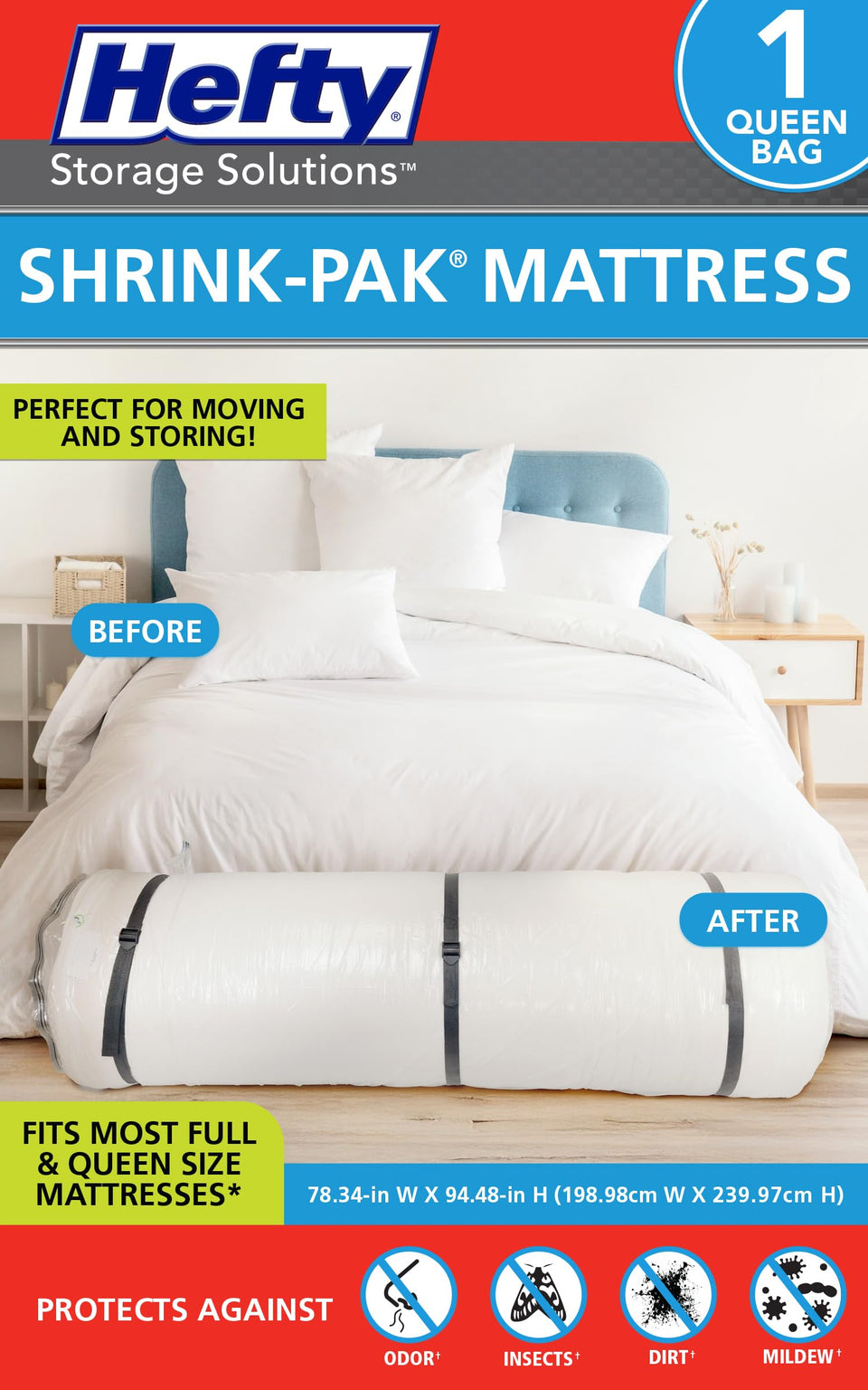 Shrink-Pak full-size mattress bag during move showing compact loading and protection