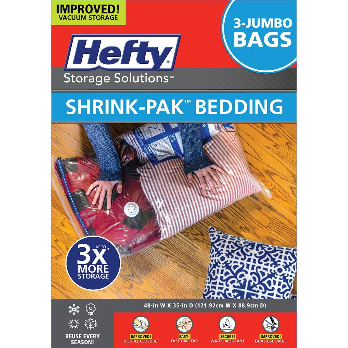 Shrink-Pak space bags demonstrate blanket compression for extra closet space.