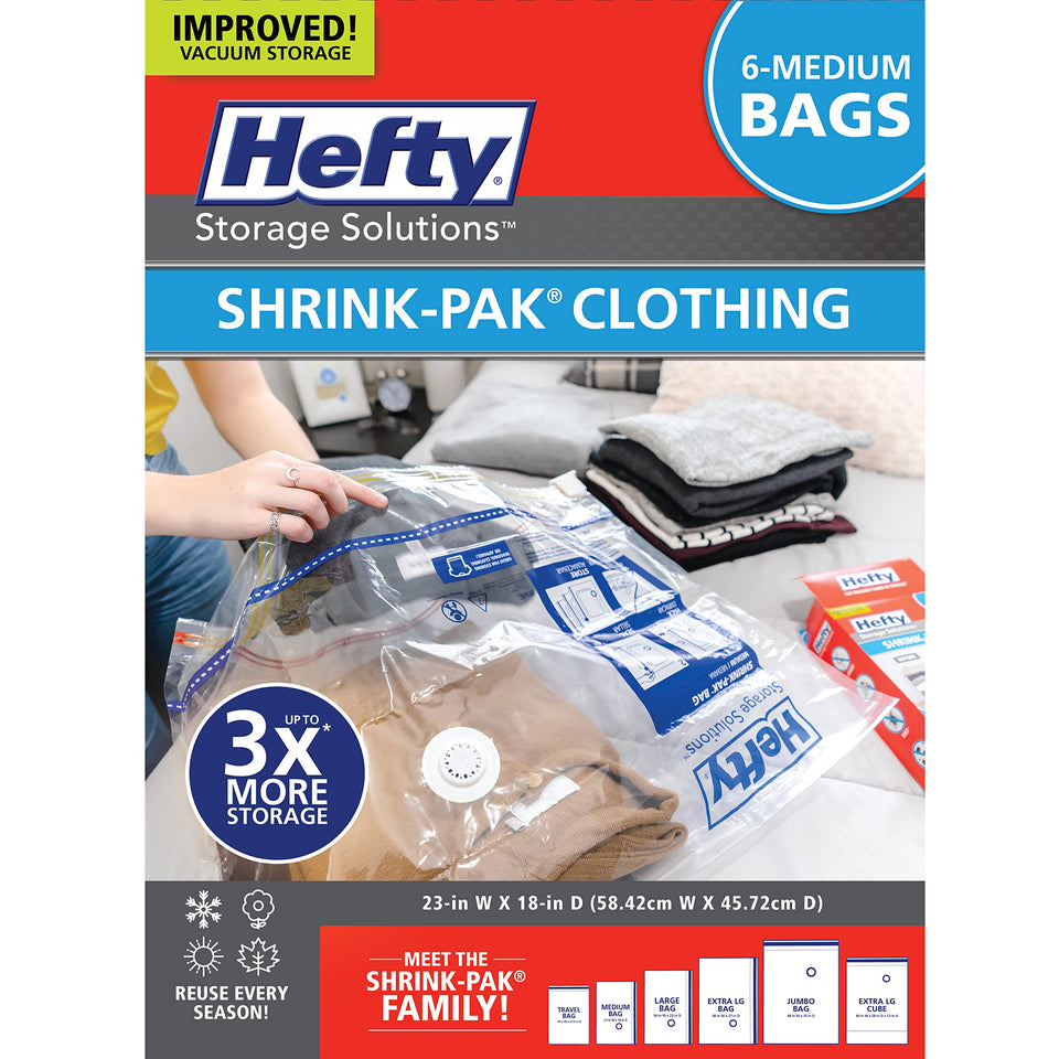 Shrink-Pak vacuum storage bag shows pack and seal for airtight storage