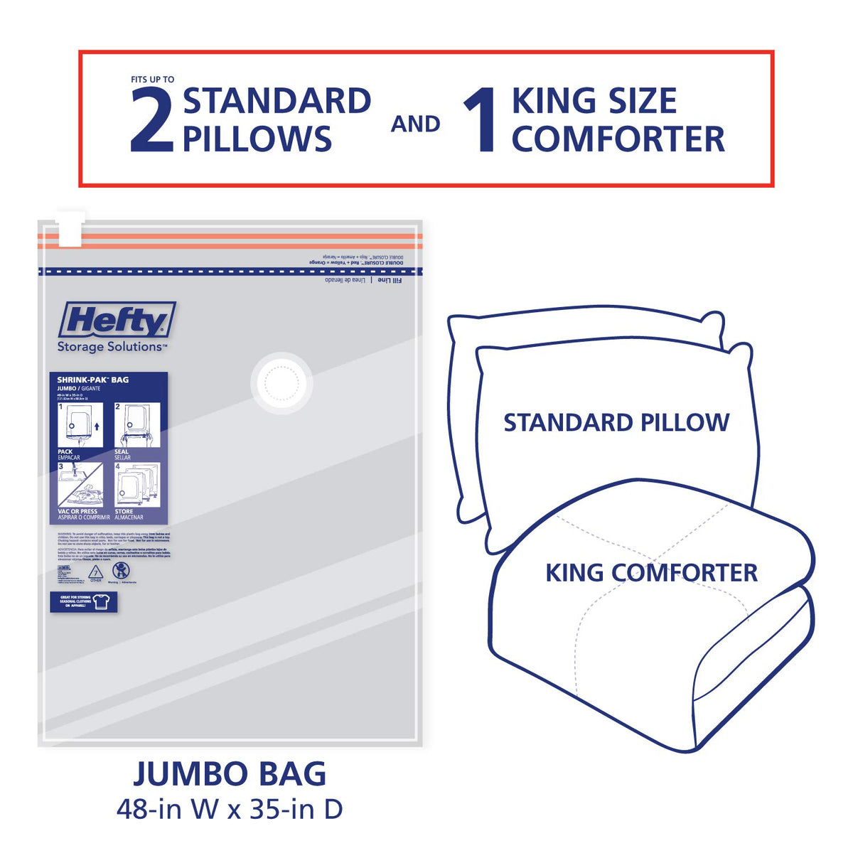 Shrink-Pak versatile storage solution for clothing, towels, and bedding.