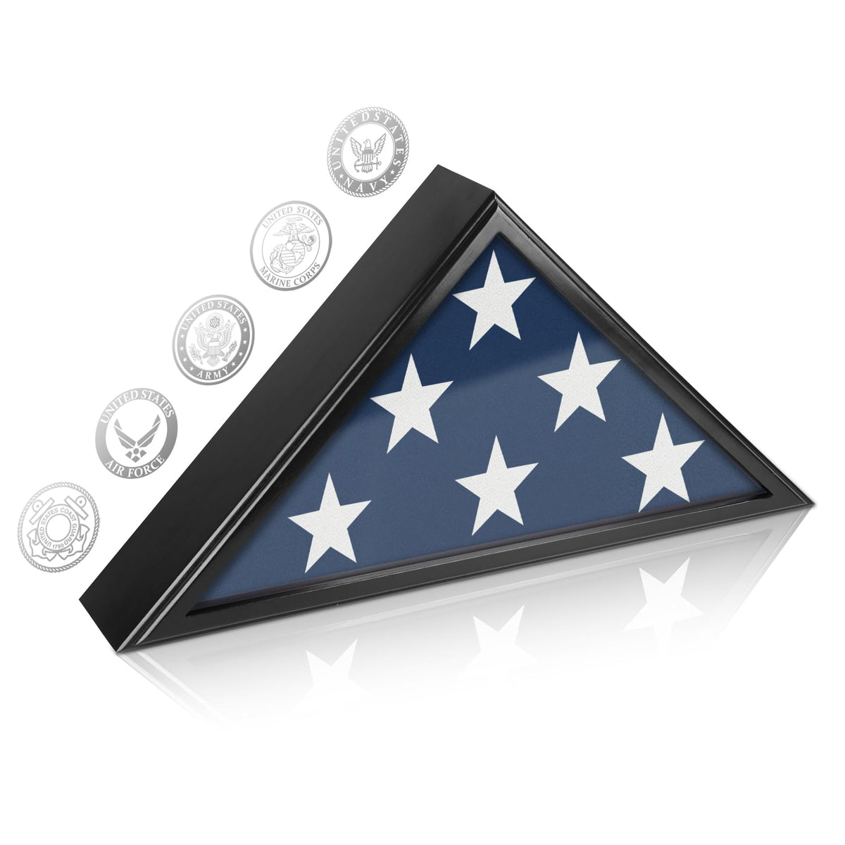 SHTALHST flag display case front view shows a sleek black wooden frame for dignified memorial display.