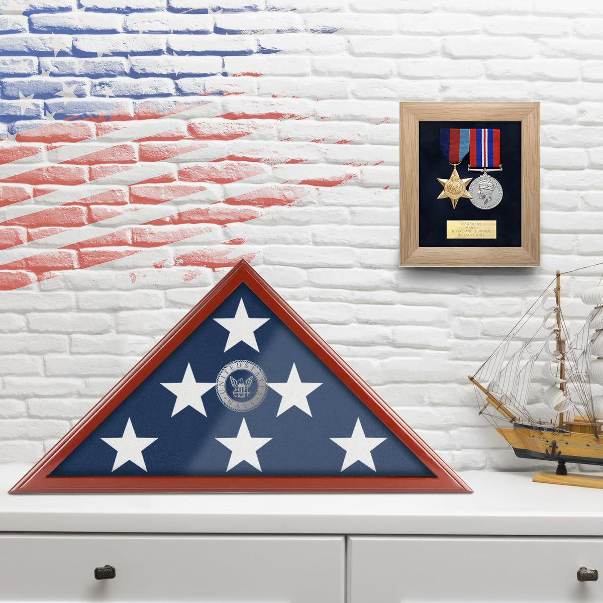 SHTALHST flag display case RBrown includes hardware and mounting details.