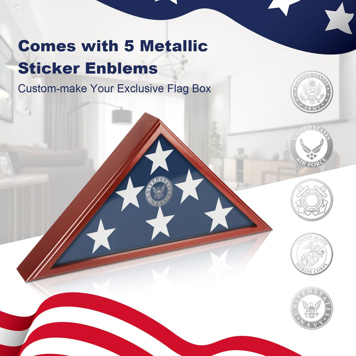 SHTALHST flag display case RBrown mounted on wall for veteran displays.