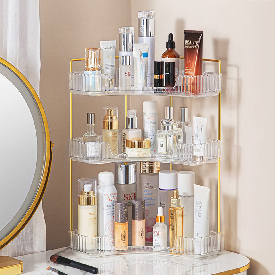 Shuang Qing 3-tier corner organizer in bathroom side view keeps cosmetics organized and accessible.