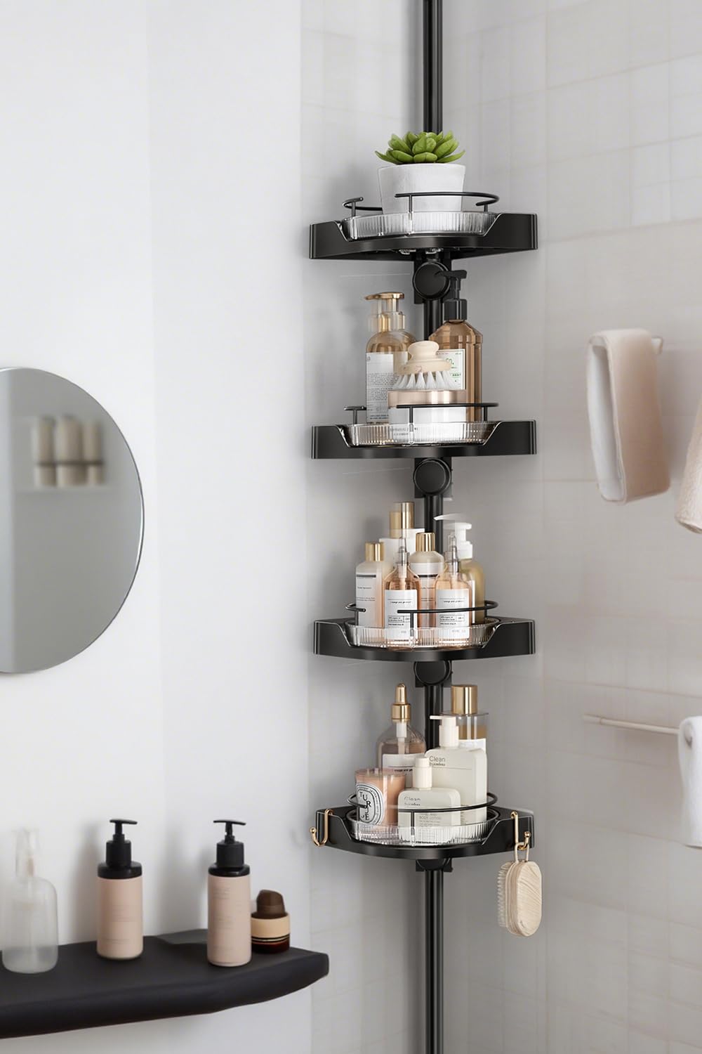 Shuang Qing 360° rotating corner shower caddy for easy reach of essentials.