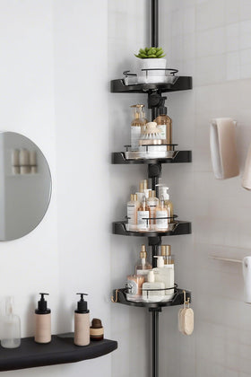 Shuang Qing 360° rotating corner shower caddy for easy reach of essentials.