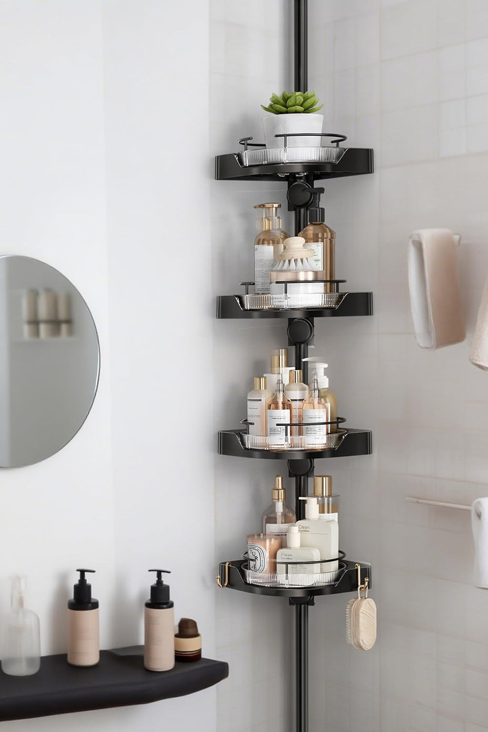 Shuang Qing 360° rotating corner shower caddy for easy reach of essentials.