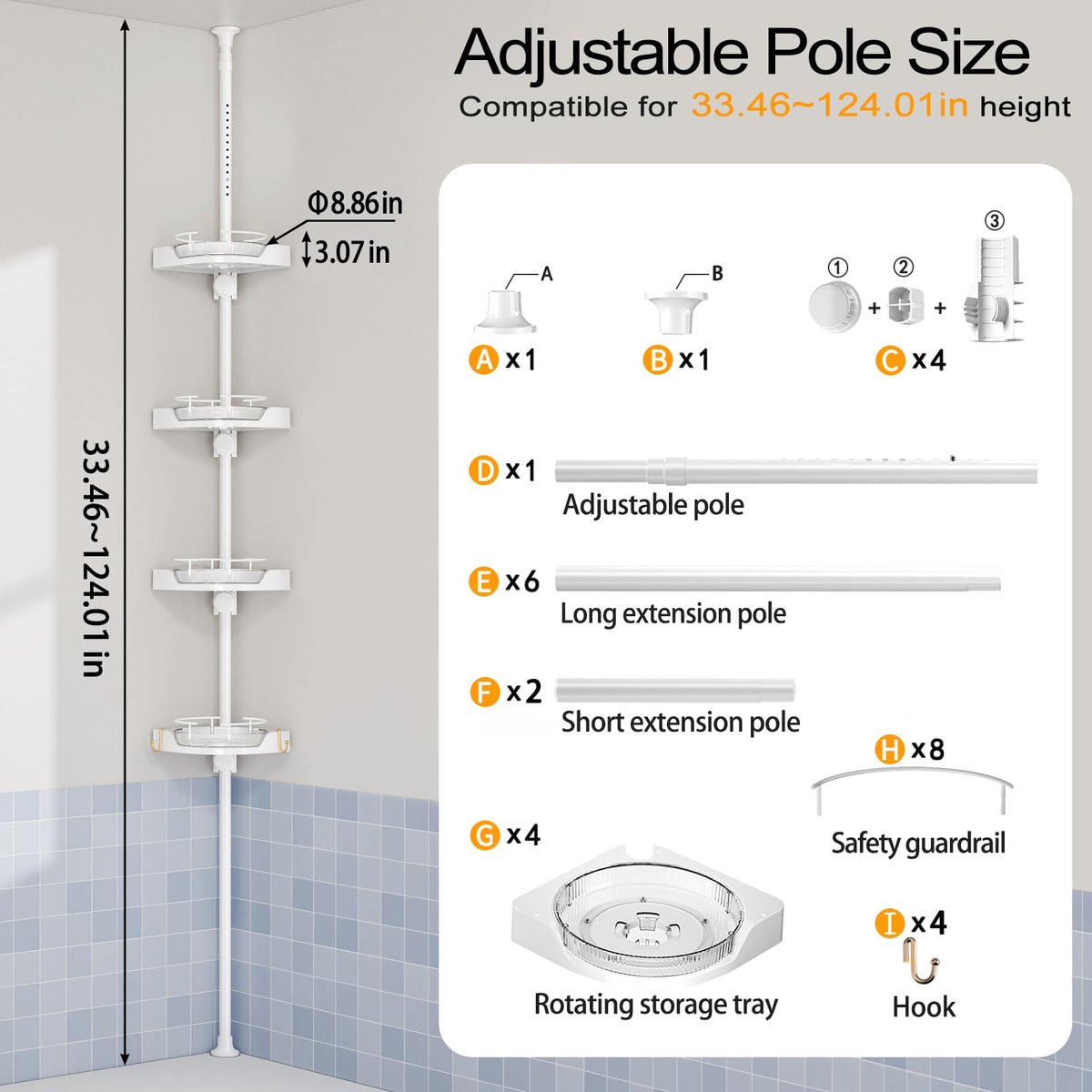 Shuang Qing four-tier adjustable trays maximize bottle storage in tight showers.
