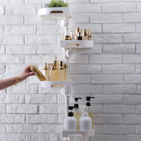 Shuang Qing 4-tier corner shower caddy pole keeps shampoos organized in a tight corner.