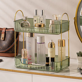 Shuang Qing cosmetics skincare shelf 2-tier green provides organized storage for daily routines.