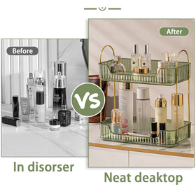Shuang Qing perfume display shelf green showcases fragrances while saving vanity space.