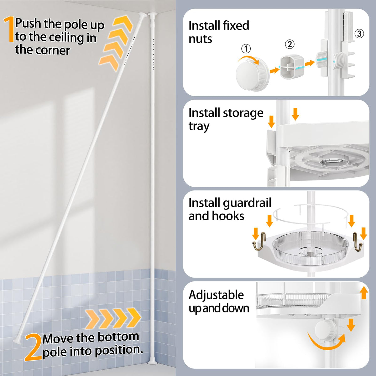 Shuang Qing white finish complements bathroom decor while organizing shower corners.