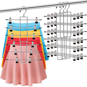 SHUKEEKA 3-pack pants hangers with a 6-tier organizer for compact storage.