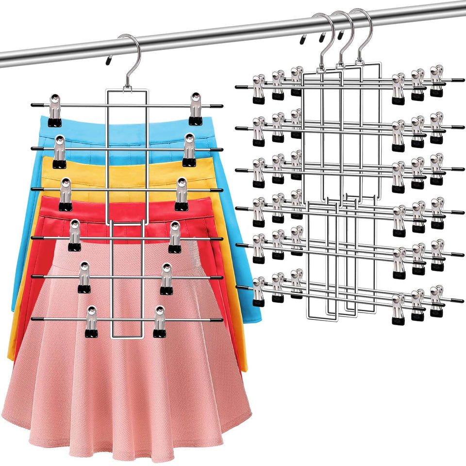 SHUKEEKA 3-pack pants hangers with a 6-tier organizer for compact storage.