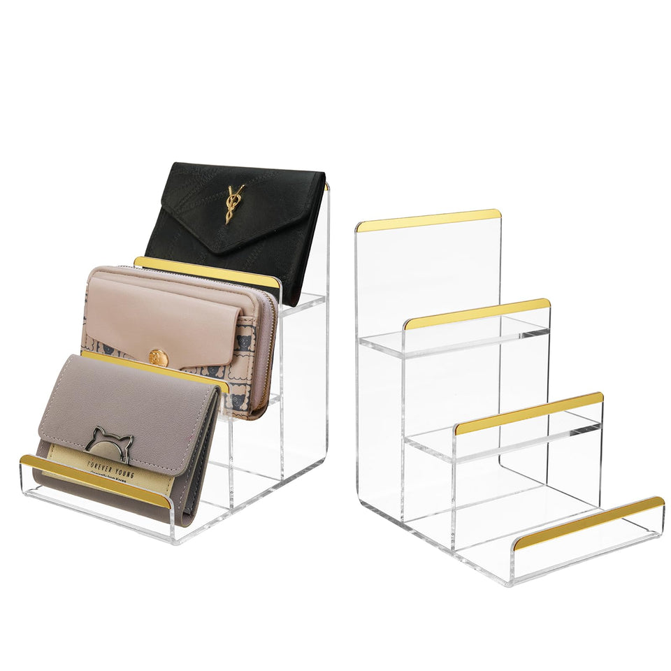 SHUNKAIZS 2-pack 3-tier purse display stand enhances visibility for wallets and clutches.
