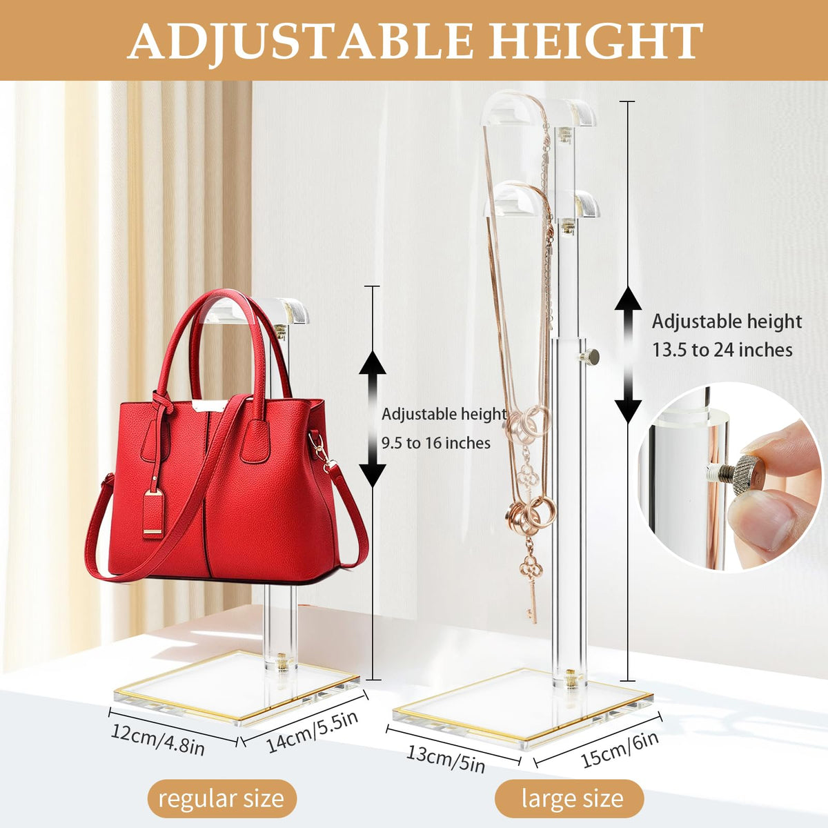 SHUNKAIZS purse display stand, adjustable height 14-24 inches for longer bags.