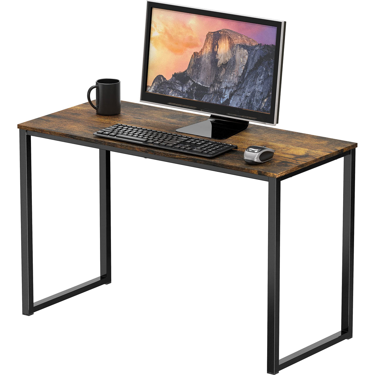 SHW Mission 32-Inch Desk frame close-up highlighting sturdy rustic brown powder-coated steel for durable daily use.