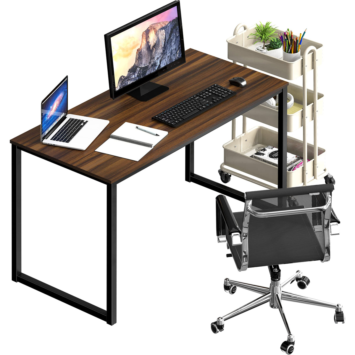 SHW Mission desk in a compact home office with laptop and monitor