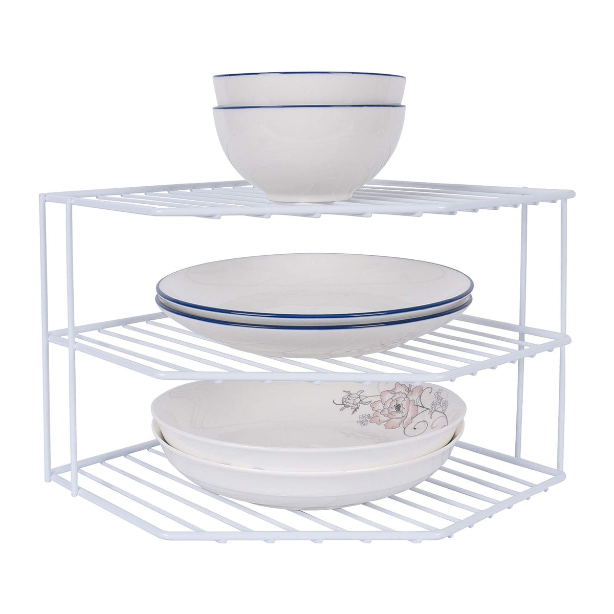 SIBAO 3-tier corner shelf white front view showing organized spice storage