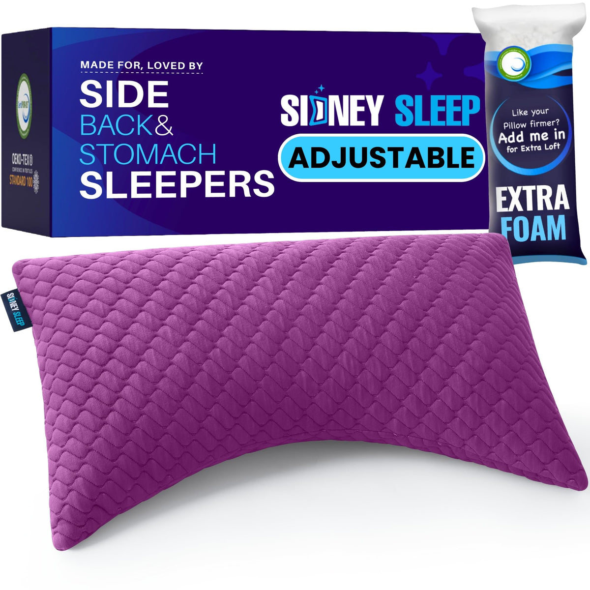 Sidney Sleep 19x29 pillow sits on a bed for versatile nightly use.