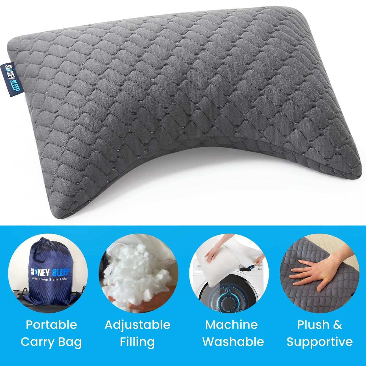 Sidney Sleep mini back-lumbar-support pillow eases lower back tension on journeys.