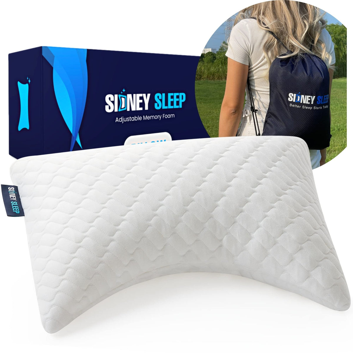 Sidney Sleep mini travel neck pillow resting on bed for portable comfort.