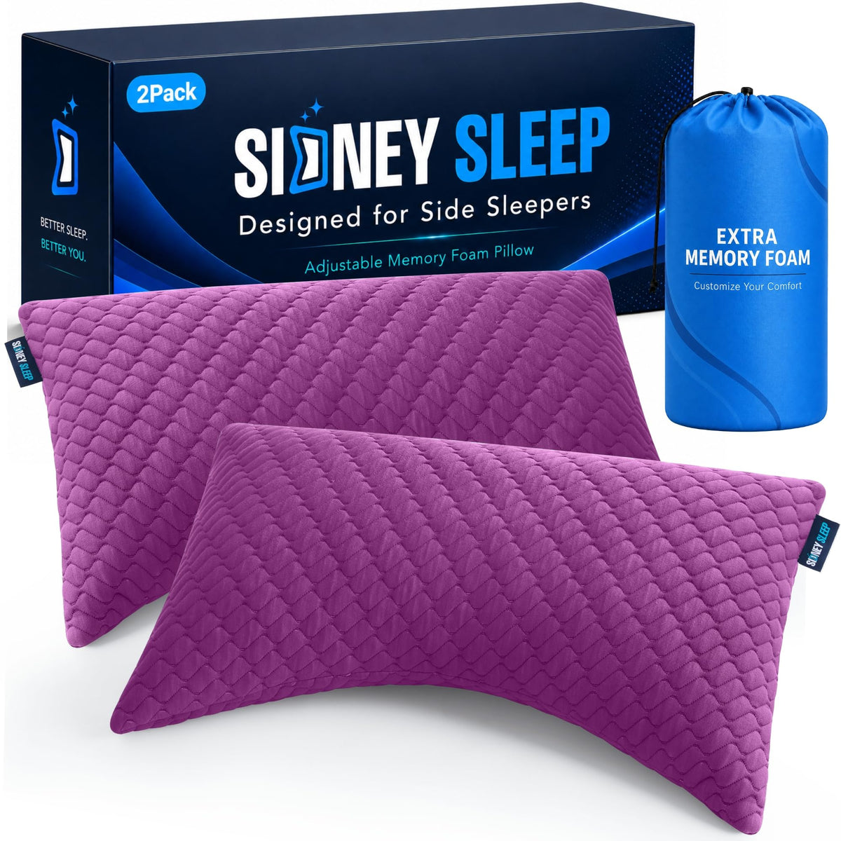 Sidney Sleep queen pillows pack 2 in angle view, offering versatile support for various sleeping positions.