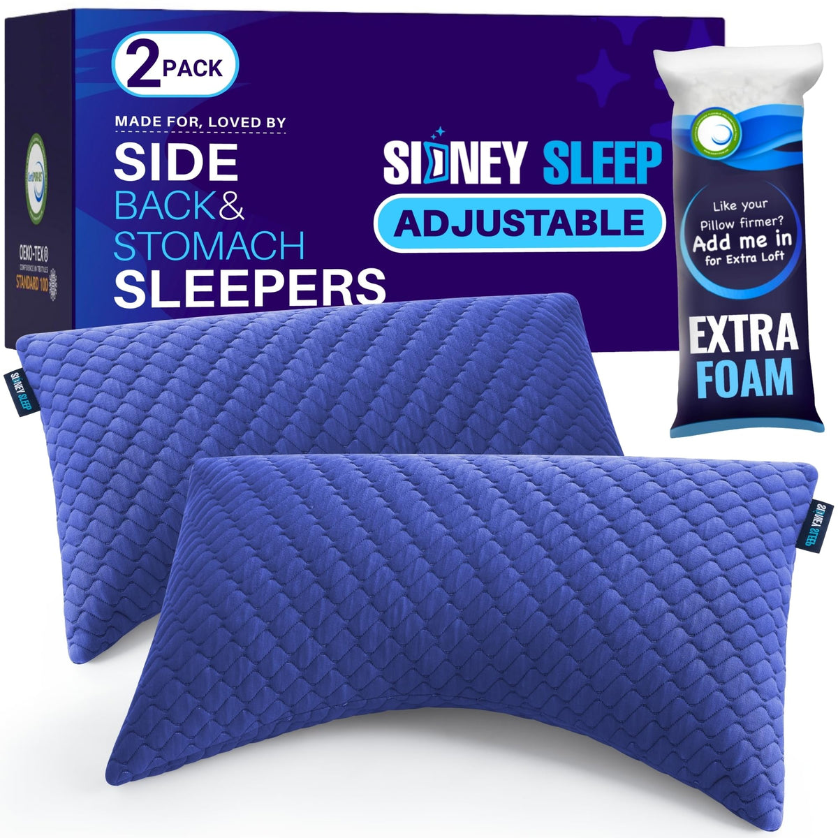 Breathable blue cover on Sidney Sleep pillow for cooler nights