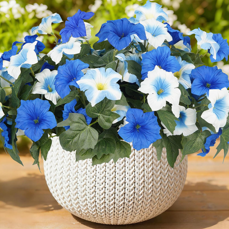 SIECCY outdoor artificial petunias blue-white display in planter for curb appeal