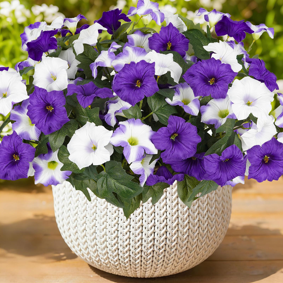 SIECCY artificial petunias outdoor purple-white bundle on porch to boost curb appeal