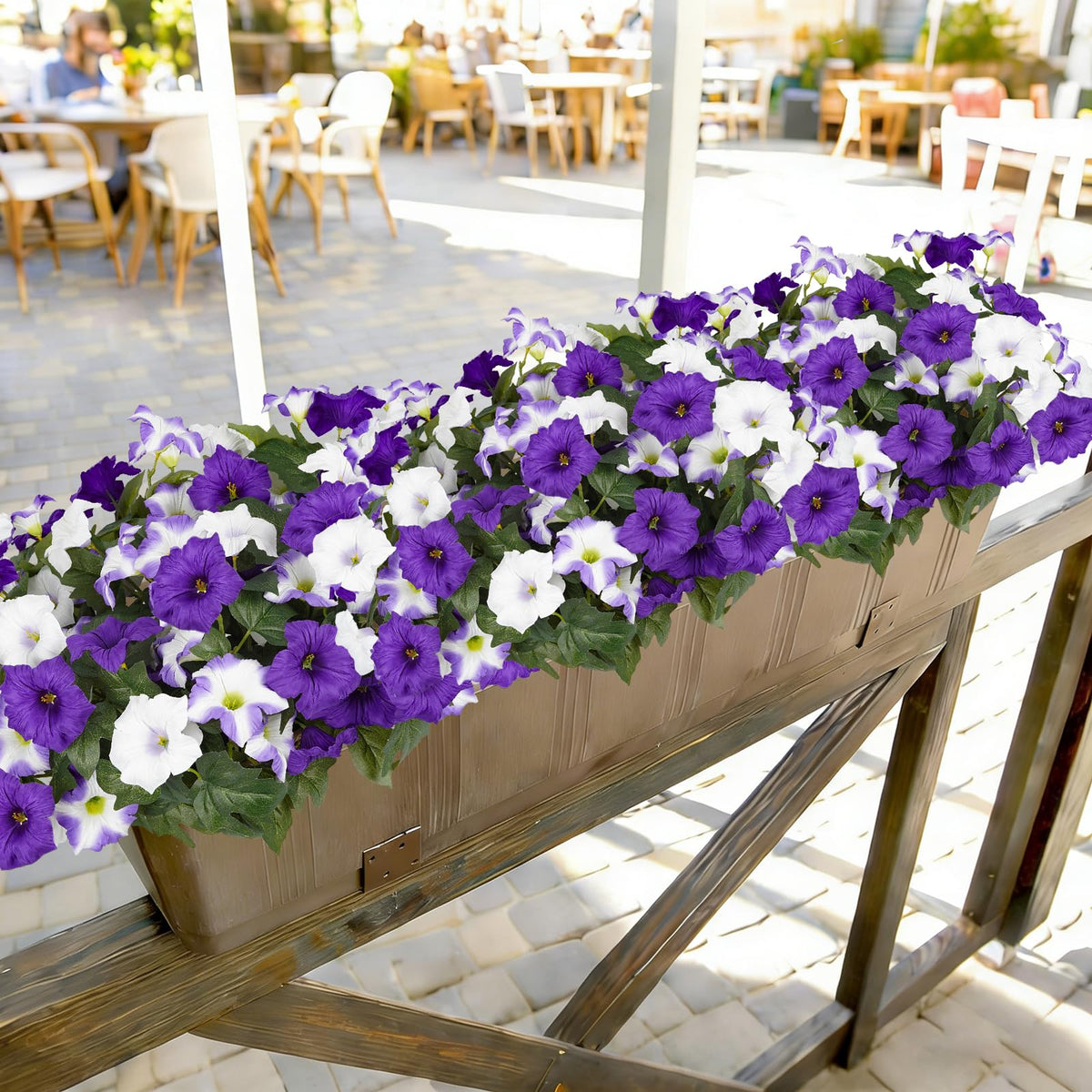 SIECCY porch railing with faux petunias in hanging basket