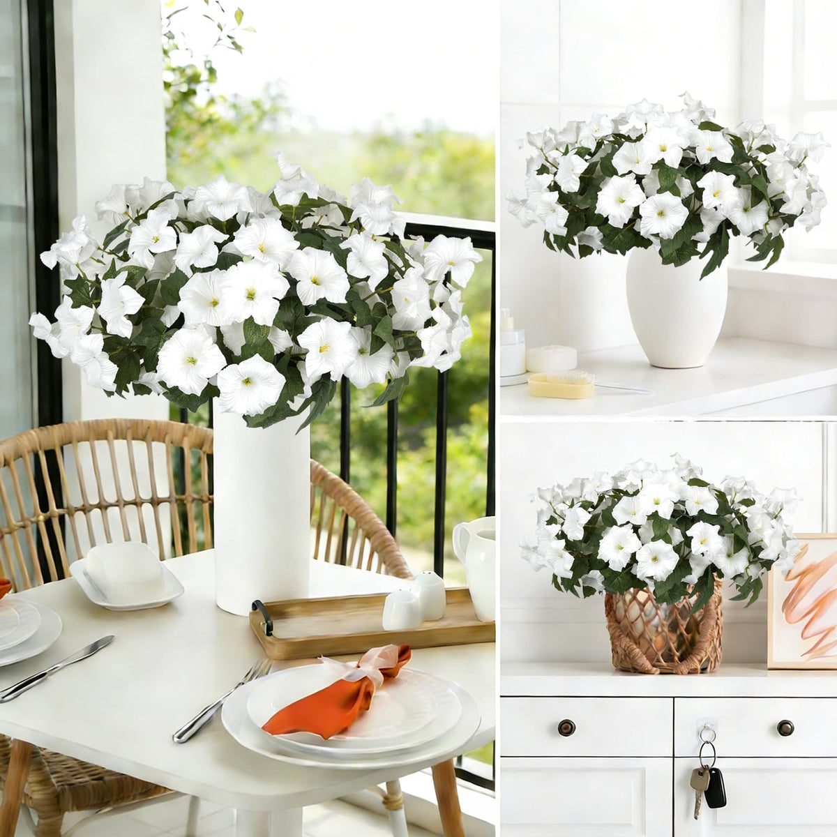 Planter display of SIECCY white petunias for outdoor arrangements.