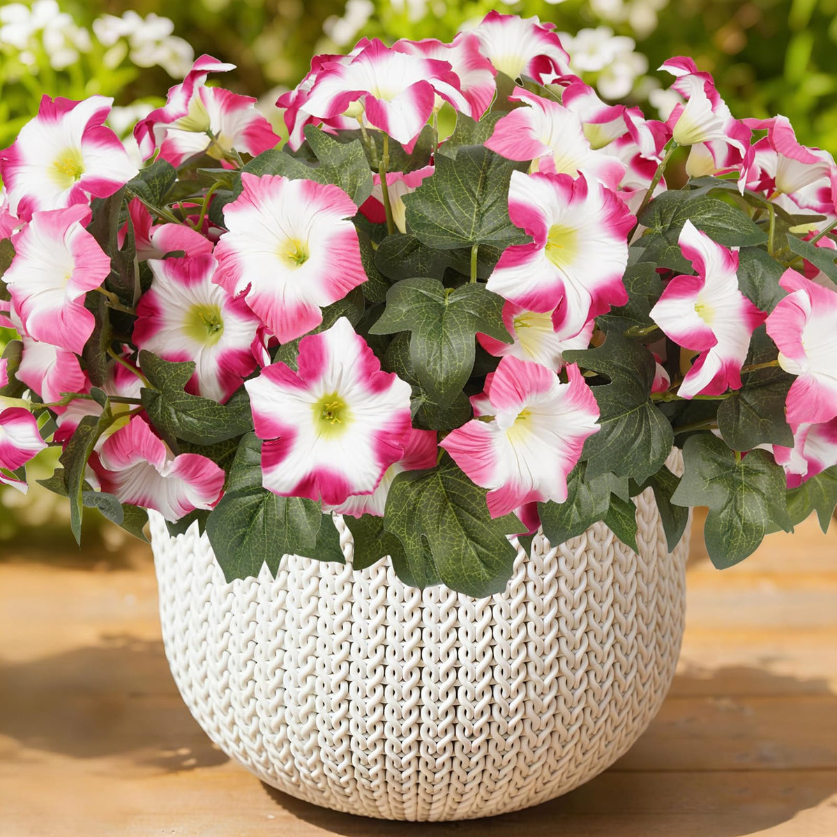 SIECCY pink white outdoor petunias in a planter for sunny curb appeal