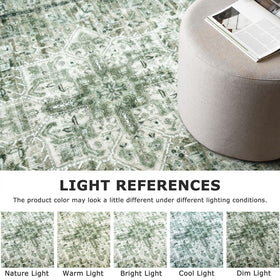 SIILOOM bedroom rug in soft green medallion adds warmth and calm