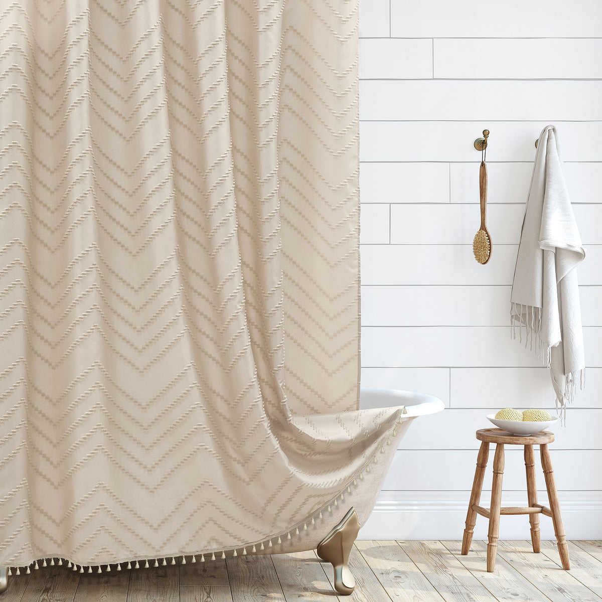 Siiluminisoy boho farmhouse shower curtain showcases tufted chevron texture for chic bathroom style