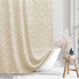 Siiluminisoy boho farmhouse curtain cream with chevron texture enhances neutral bathroom decor.