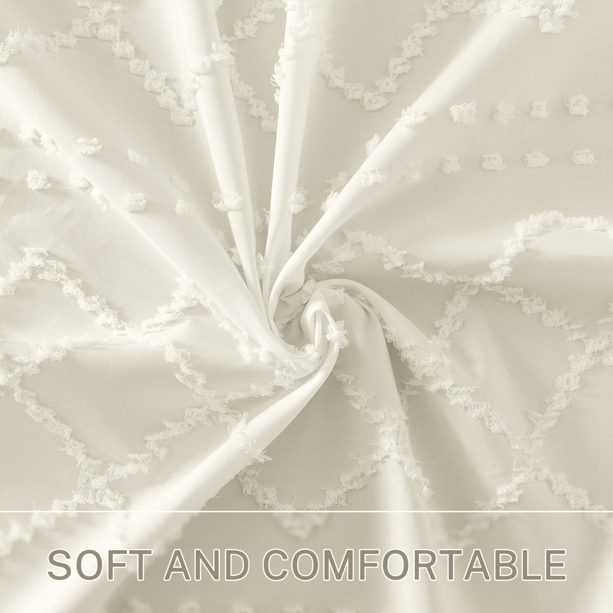 Siiluminisoy Cream Boho curtain 72x72 overview showing generous size for standard tubs.