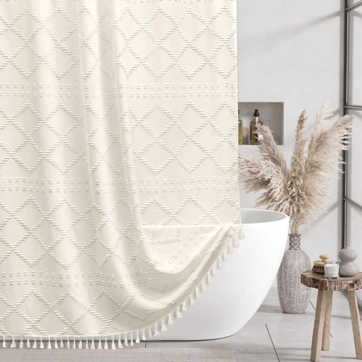 Siiluminisoy Cream Boho curtain close-up highlights tufted chevron texture for chic bathroom decor.
