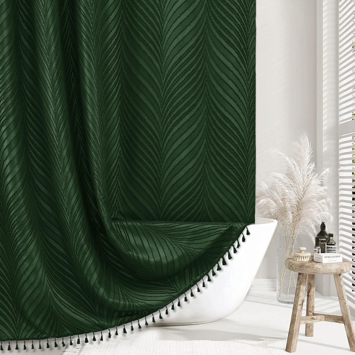 Siiluminisoy dark green boho shower curtain, 72x72, adding privacy and style.