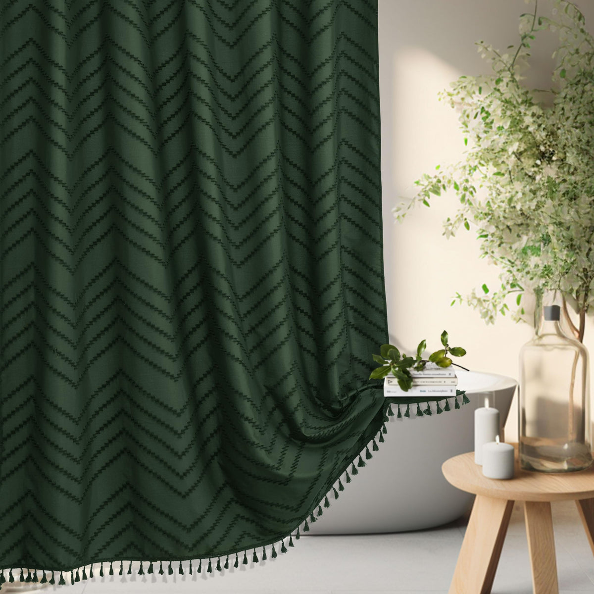 Siiluminisoy dark-green shower curtain overall view adds privacy and a stylish boho vibe.